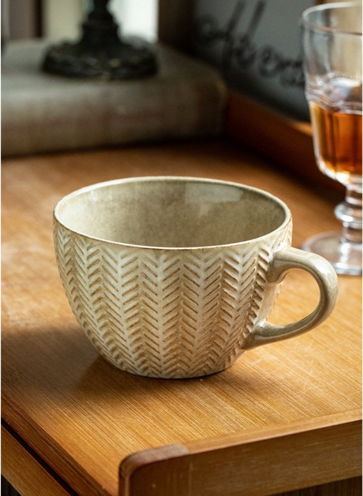 400ml Handcrafted Herringbone Embossed Ceramic Mug Rustic Yellow Coffee Cup with Textured Design Dishwasher & Microwave Safe Ideal for Morning Coffee Tea and Modern Farmhouse Kitchen Tableware - Image 1